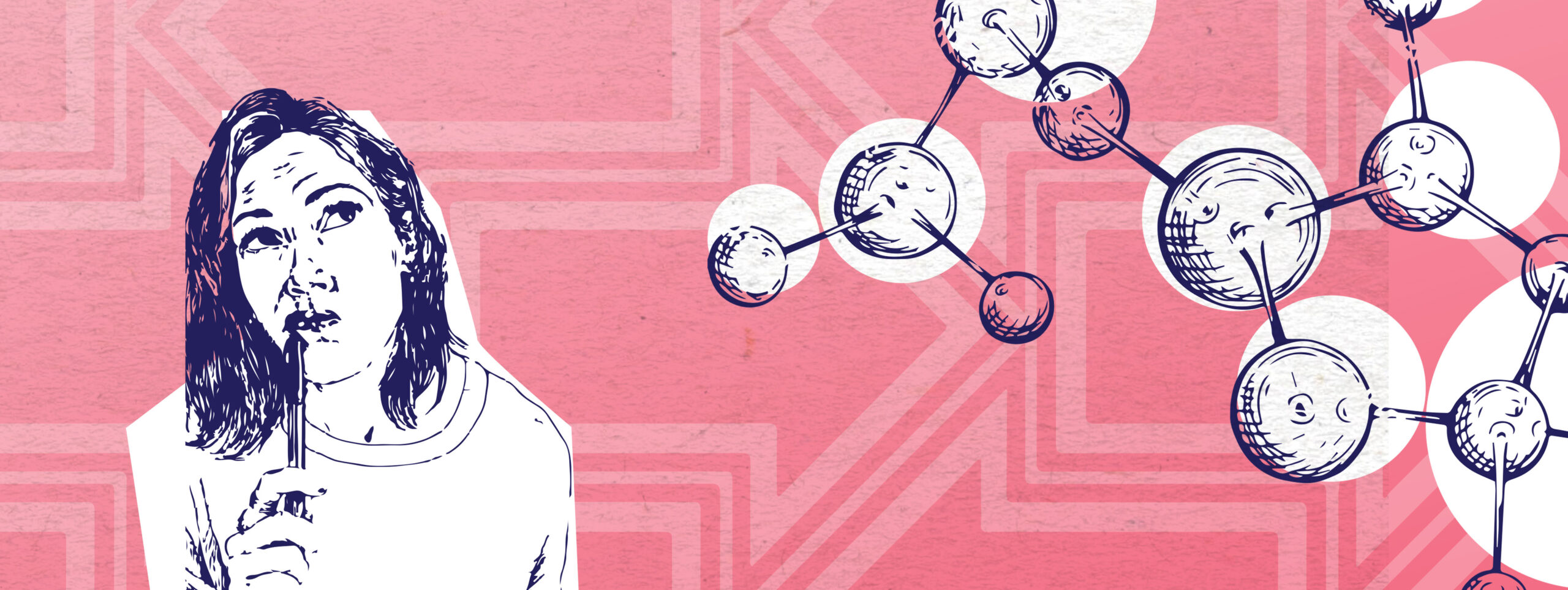 A text book-style illustration of a young woman thoughtfully holding a pen to her mouth and looking up and away as though thinking. Beside her is an enlarged illustration of an unidentified molecular structure.