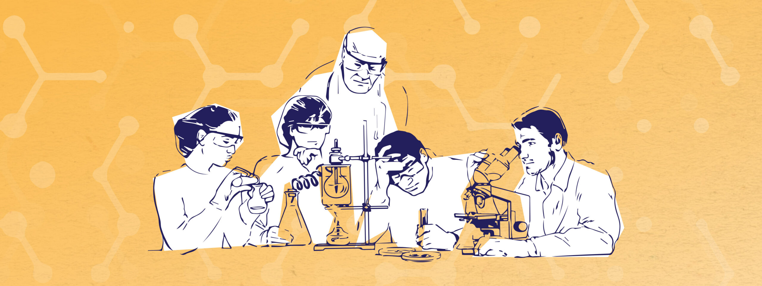 A textbook-style illustration of a team of five scientists wearing personal protective equipment as they work with beakers, test tubes, petri dishes, and a microscope.