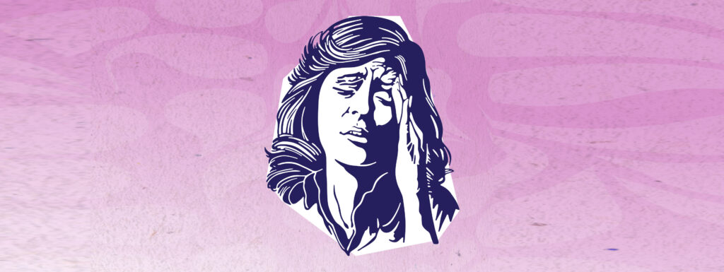 A text-book style illustration of a young woman rubbing her temple with a pained look on her face.